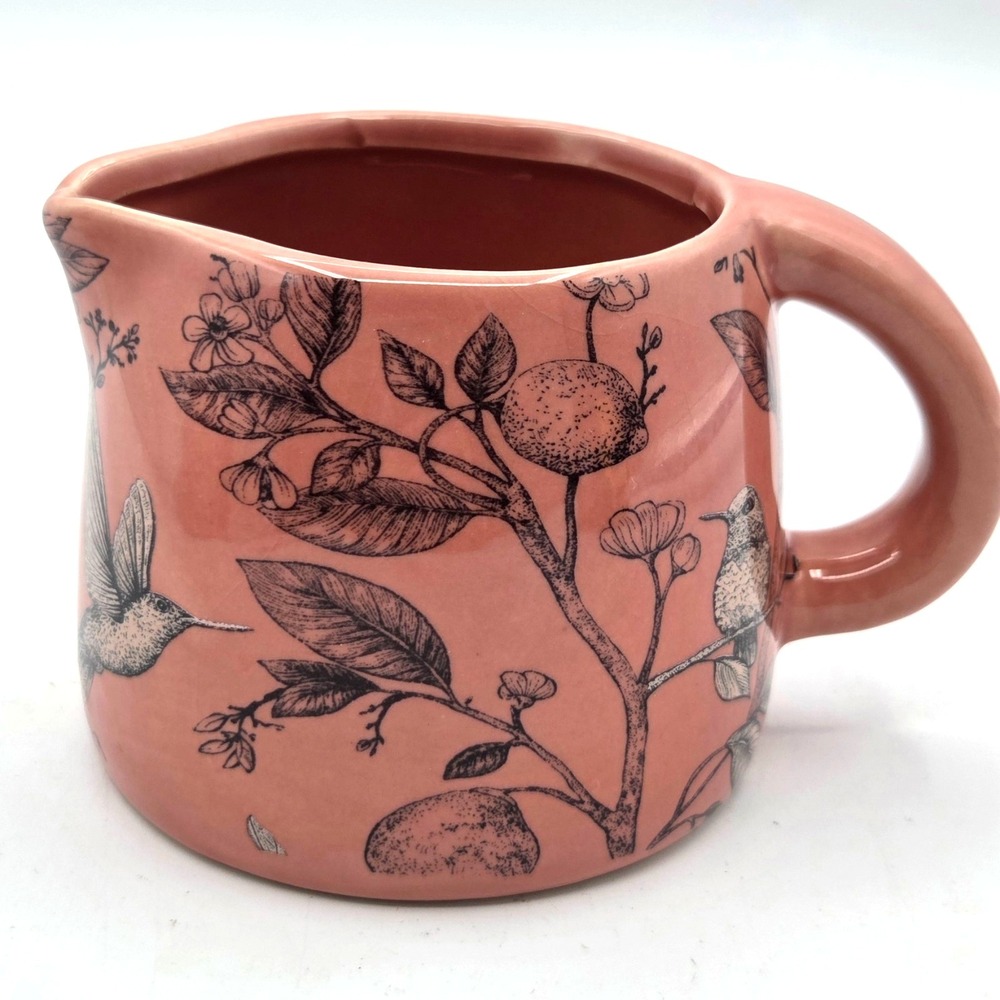 VINTAGE Dusty Rose Ceramic Creamer Pitcher Hummingbirds Flowers Cottage Core